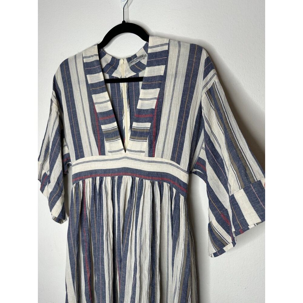 Three Graces London Ferrer Tan Blue Red Stripe Short Cuff Sleeve V-Neck Dress 10 - Picture 6 of 16